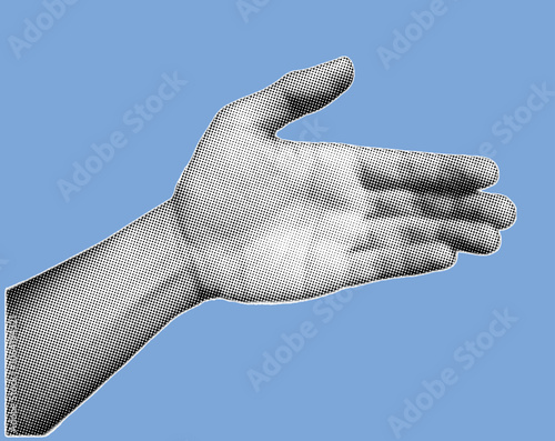 Close up of open handshake gesture pixelate grayscale color halftone dotted texture style collage element isolated on blue background