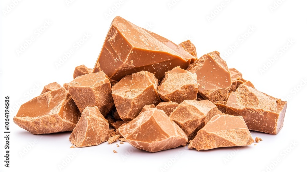 Macro shot of broken milk chocolate chunks, rich and creamy texture isolated on white, ideal for chocolate product ads, high-resolution detail Macro shot of broken milk chocolate chunks, rich and creamy texture isolated on white, ideal for chocolate product ads, high-resolution detail