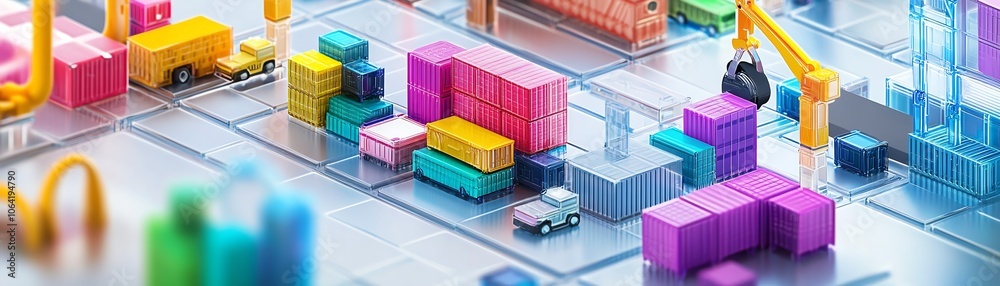 Colorful abstract cityscape with toy-like structures and vehicles, ideal for illustrating complex logistics and urban planning concepts.