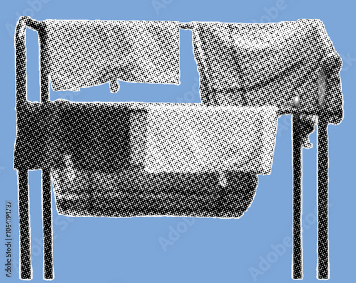 Duster cloth and rags hanging on a towel rack pixelate grayscale color halftone dotted texture style collage element isolated on blue background