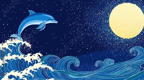 Wallpaper Mural   Painting of a Dolphin Jumping Over a Wave in the Ocean with Full Moon Above Torontodigital.ca