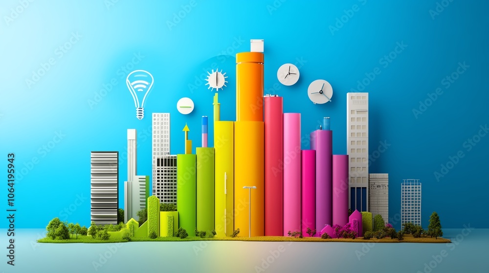 Colorful bar graph city skyline against a blue background, symbolizing data analysis and modern business growth trends. Colorful bar graph city skyline against a blue background, symbolizing data analysis and modern business growth trends.