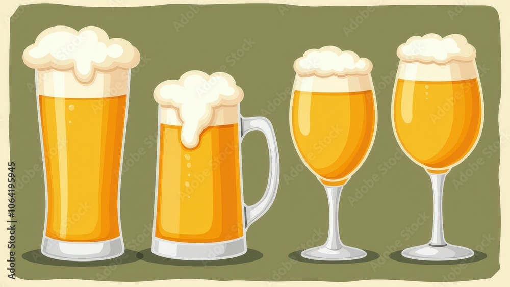 Foamy glass of beer clipart featuring a mug, pint, and tulip glass, on an olive green background Foamy glass of beer clipart featuring a mug, pint, and tulip glass, on an olive green background