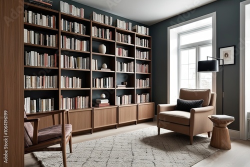Scandinavian Style Bookcase and Armchair in a Cozy Modern Home Library Interior