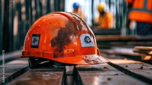 worn orange construction helmet with dust on wooden planks