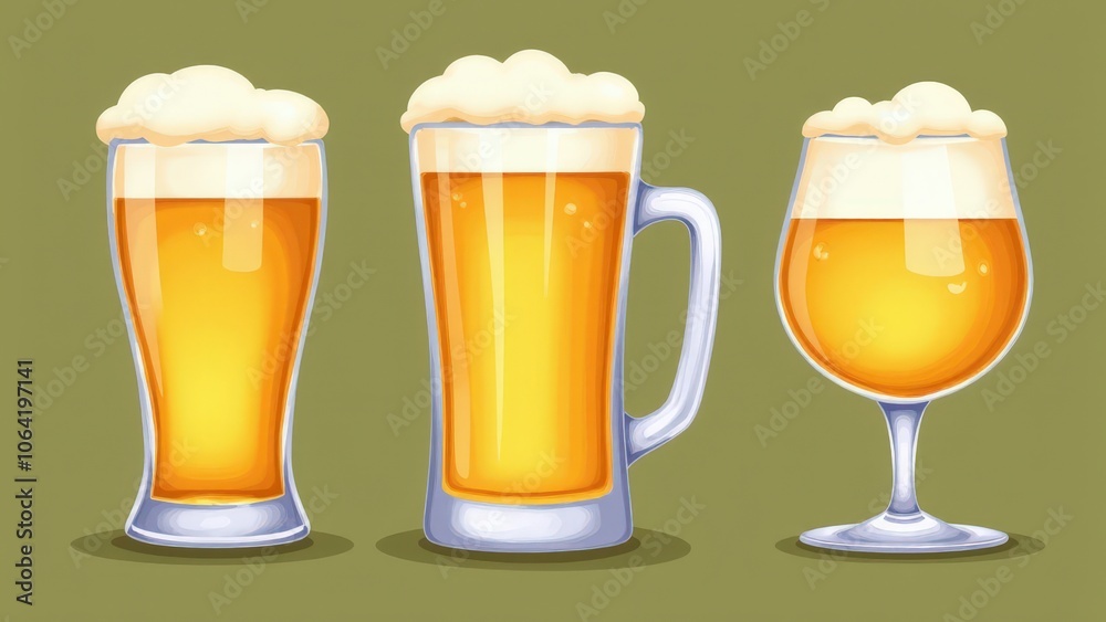 A rustic glass of beer clipart set with a frothy pint and mug on a soft green background A rustic glass of beer clipart set with a frothy pint and mug on a soft green background