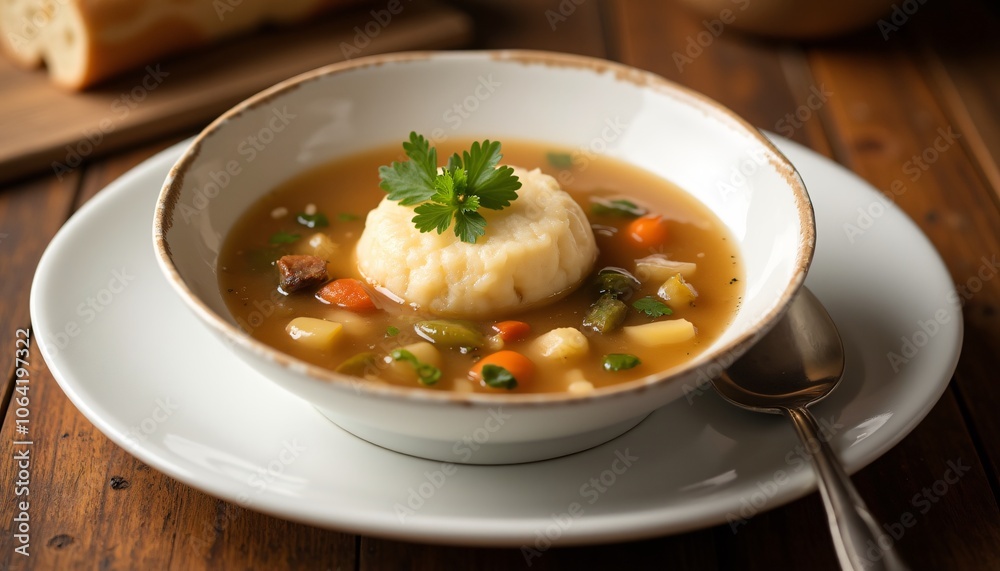 Clear Broth Soup with Giant Dumpling and Mixed Vegetables on Wooden Table. Rindsuppe Clear Broth Soup with Giant Dumpling and Mixed Vegetables on Wooden Table. Rindsuppe