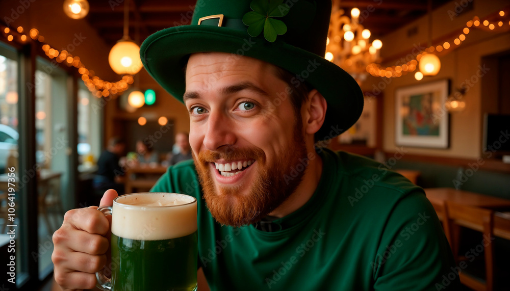 Cheerful St Patrick's Day Celebration with Green Beer in Cozy Pub Atmosphere