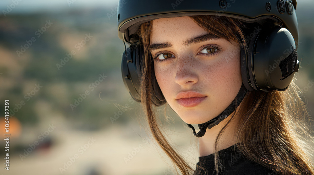 woman wearing helmet with integrated ear protection, showcasing confidence and focus