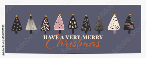 Merry Christmas greetings banner with unique black, pink and beige Christmas trees on dark purple background, colorful text, vector illustration