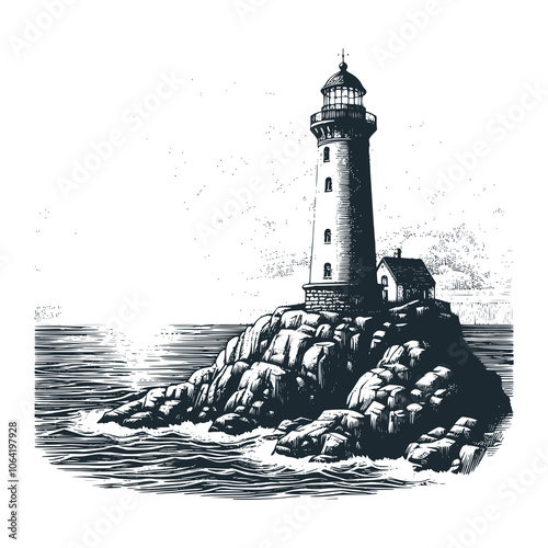 Lighthouse on the coral island. Black white vector illustration.