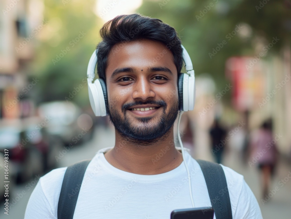 Smiling Young Man in Street-Style Headphones Smiling Young Man in Street-Style Headphones