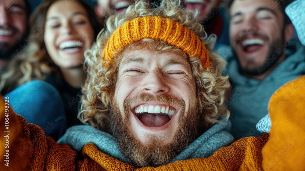 Joyful group of friends laughing together in a close-up selfie, AI Joyful group of friends laughing together in a close-up selfie, AI
