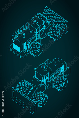 Landfill compactor isometric blueprints illustration