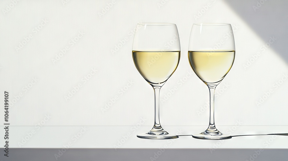 Two glasses of white wine on a white countertop against a white wall Two glasses of white wine on a white countertop against a white wall