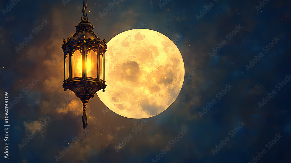 Lantern hanging against a mystical moon. Mystical. Illustration Lantern hanging against a mystical moon. Mystical. Illustration