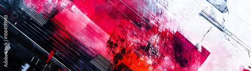 Abstract digital artwork featuring red, pink, black, and white hues with angular lines. photo