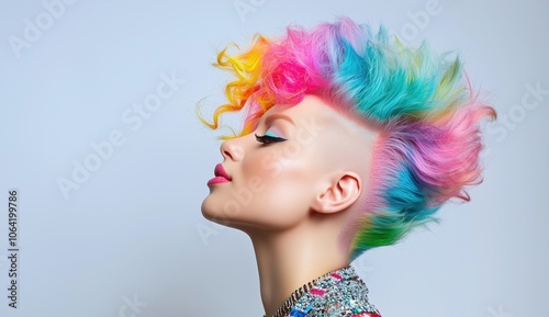 Portrait of a young Asian woman with a vibrant pastel rainbow mohawk, showcasing bold style and beauty with soft, colorful hair and sparkling accessories, exuding a chic and modern vibe.