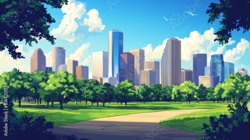 Skyline of Houston with modern high-rise buildings and green parks