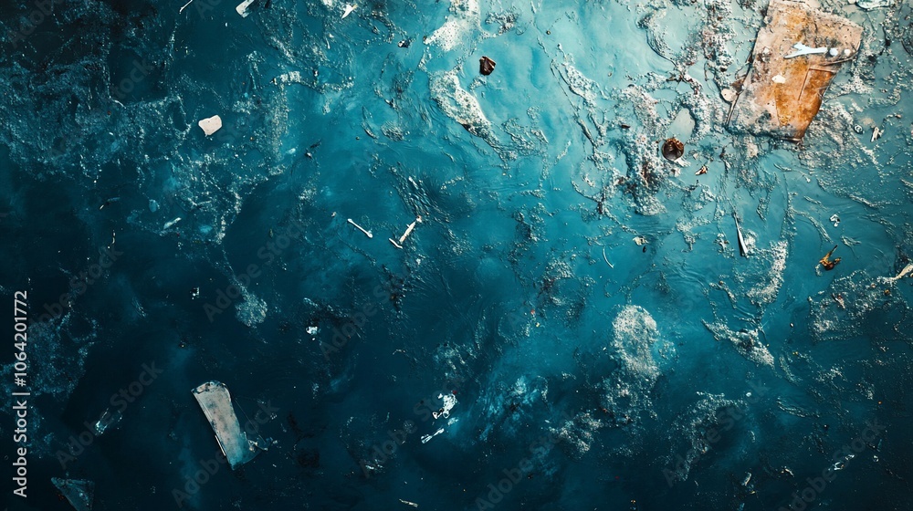 Fototapeta premium Close-up of a blue ocean surface with plastic pollution floating on it.