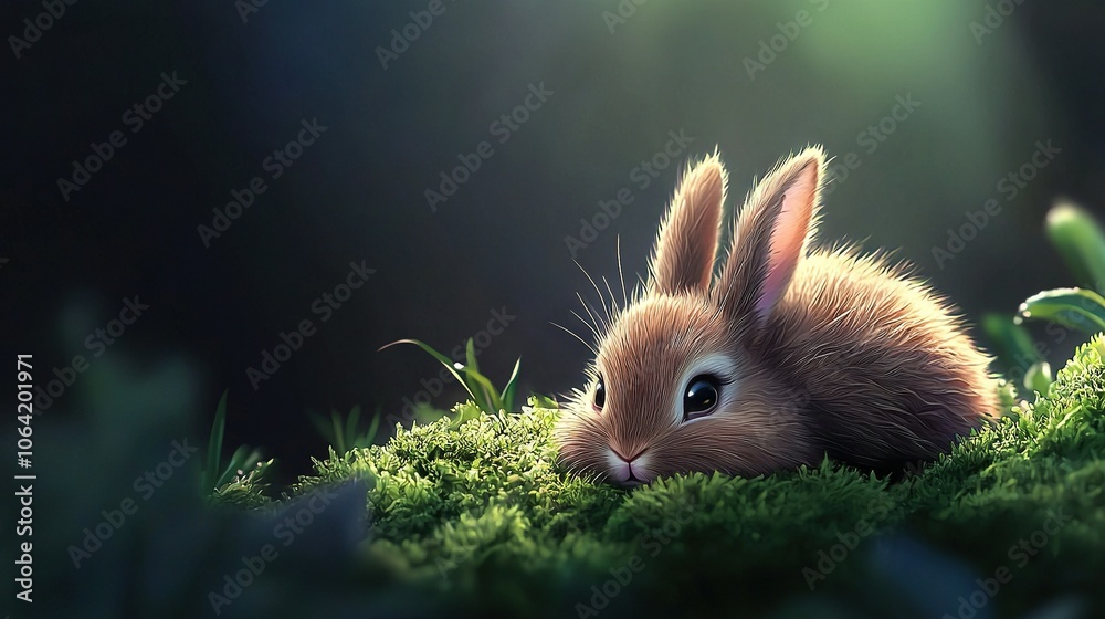 Fototapeta premium A rabbit rests its head on the ground with wide-open eyes in the grass
