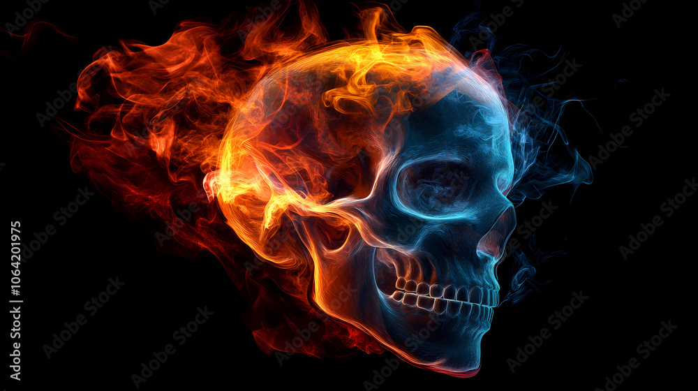 Surreal depiction of a skull enveloped in mystical smoke and fire, blending eerie and fantastical elements in dark hues. Mystical. Illustration Surreal depiction of a skull enveloped in mystical smoke and fire, blending eerie and fantastical elements in dark hues. Mystical. Illustration