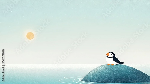   A penguin perched atop a rock amidst a tranquil body of water, bathed in golden sunlight