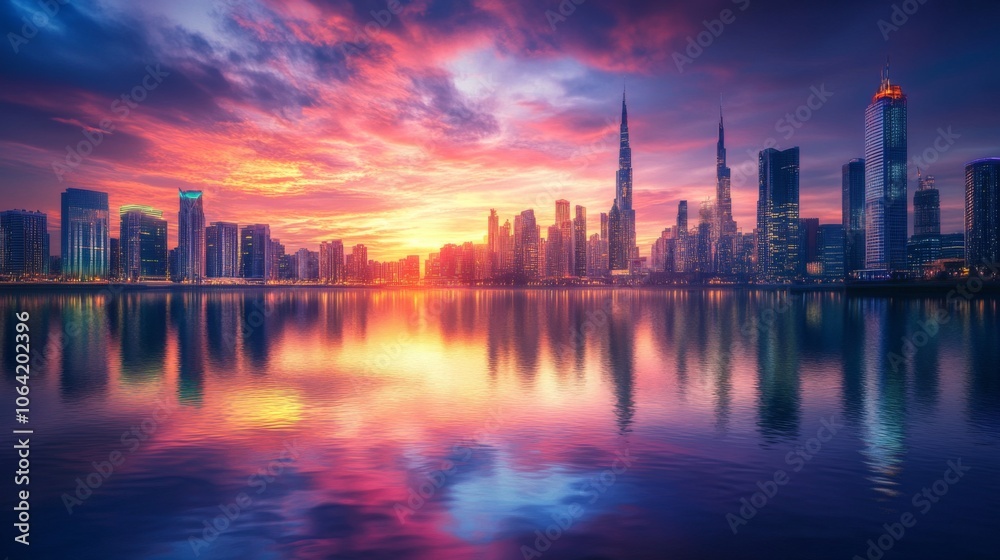 City skyline reflected in a river with colorful sunset lighting City skyline reflected in a river with colorful sunset lighting