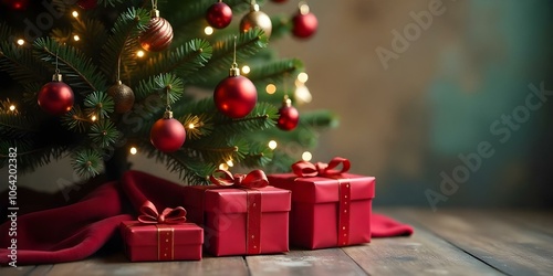 A Christmas tree with red ornaments and presents underneath on a wooden floor