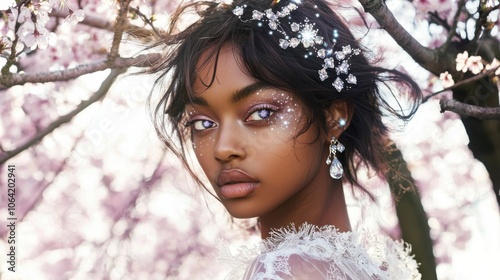 Starry-Eyed Mixed Race Girl Amid Cherry Blossoms