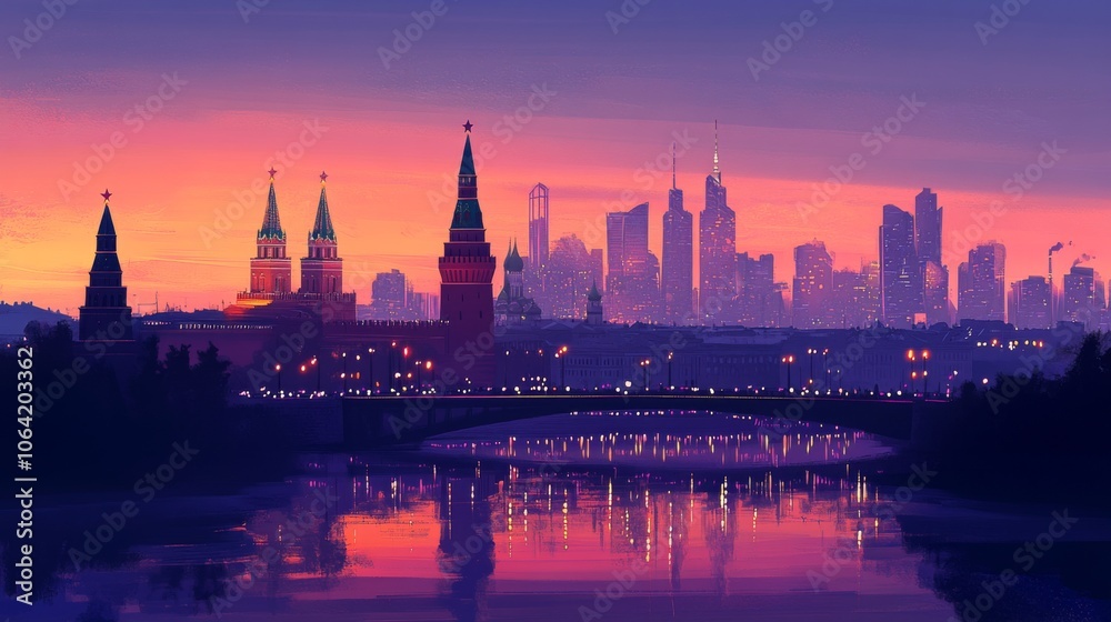 Warm glow of Moscow skyline with Kremlin towers and city lights Warm glow of Moscow skyline with Kremlin towers and city lights