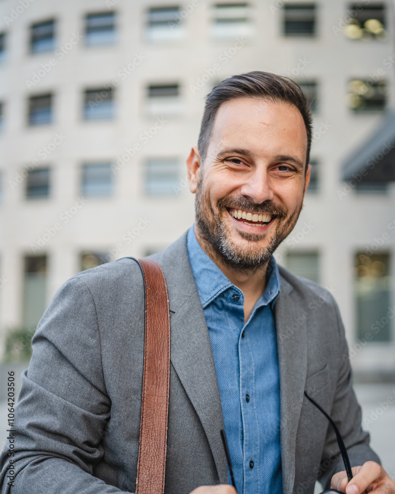 Adult man businessman stand in front building and smile Adult man businessman stand in front building and smile
