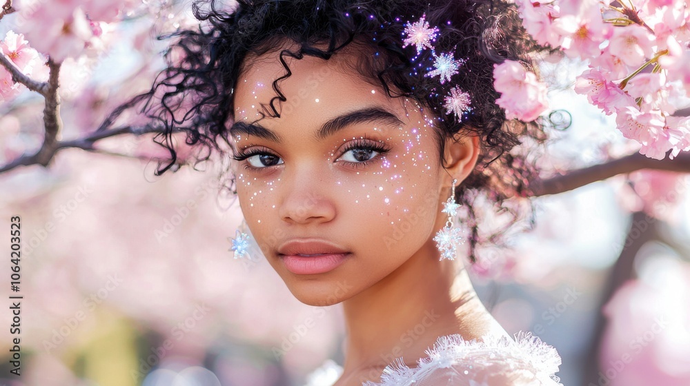 Starry-Eyed Mixed Race Girl Amid Cherry Blossoms Starry-Eyed Mixed Race Girl Amid Cherry Blossoms