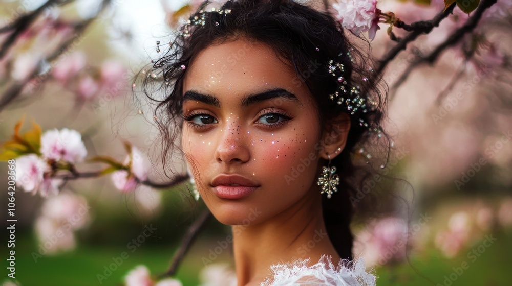 Naklejka premium Starry-Eyed Mixed Race Girl Amid Cherry Blossoms