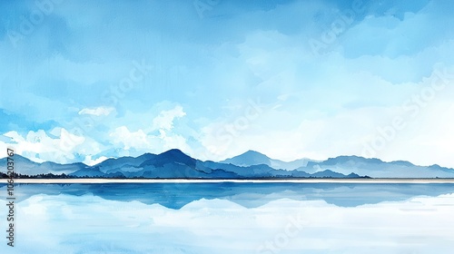  A stunning image of a mountain range surrounded by a tranquil body of water and a vibrant blue sky backdrop