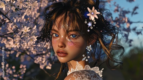 Starry-Eyed Mixed Race Girl Amid Cherry Blossoms