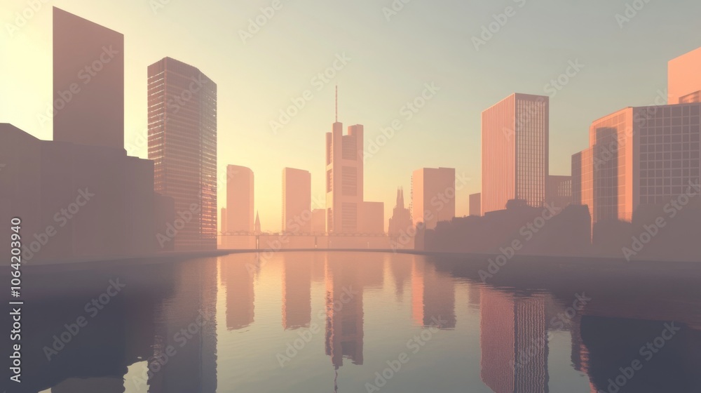 Obraz premium Skyline of Frankfurt with financial district skyscrapers and river reflections