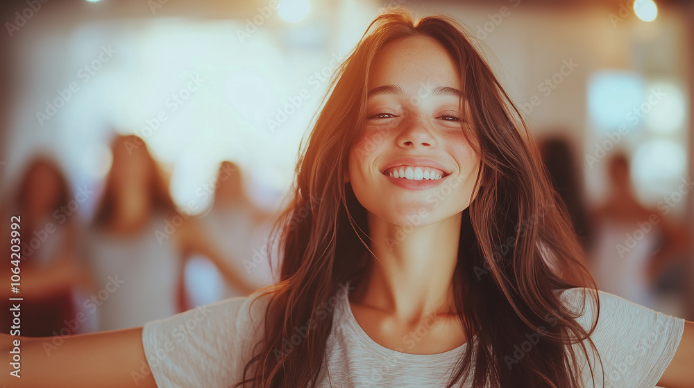 a young girl with an open armed, happy attitude, sharing moments with her dance companions in a rehearsal studio with quality lighting