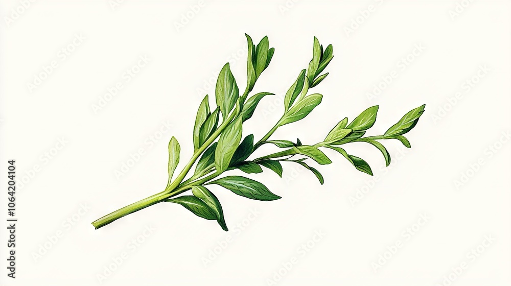 Fototapeta premium Close-up white background image featuring a leafy plant with a central green stem protruding