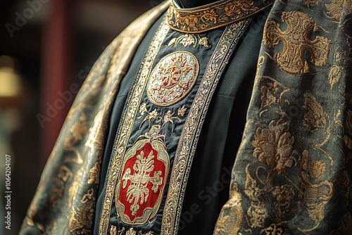 a priest's vestments adorned with sacred symbols.