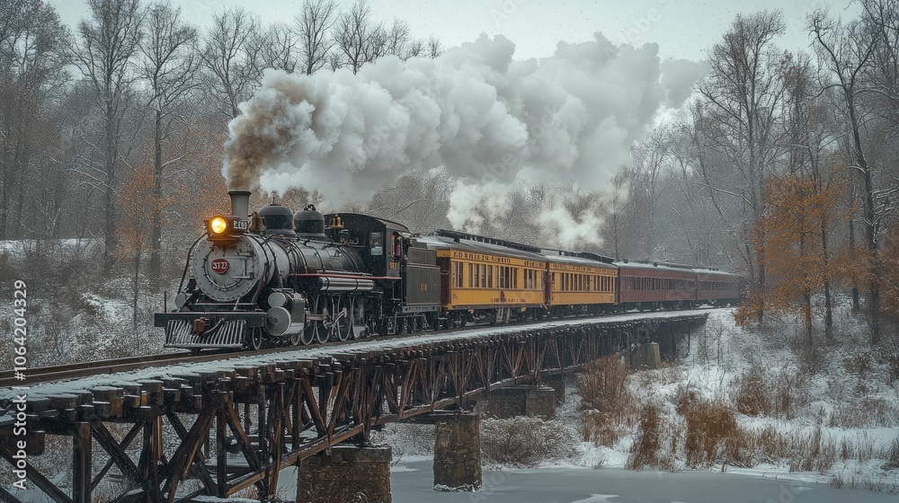 Fototapeta premium A vintage steam locomotive train with smoke billowing out of the chimney, travelling over a wooden bridge in wintery conditions.