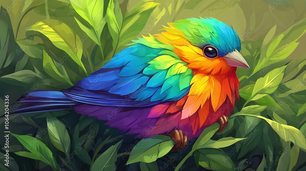 Obraz premium A vibrant bird perched atop a verdant, leaf-topped tree in a dense, emerald-leafed forest