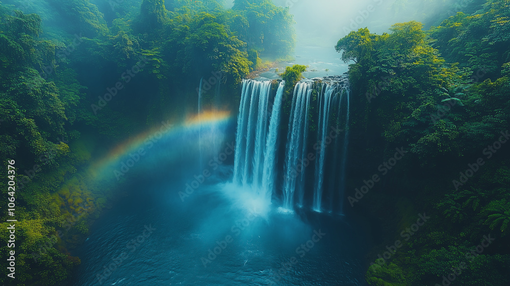 Rainbow arching over a waterfall in a lush, tropical jungle after a light rain: The colors of the rainbow contrast with the greens of the jungle, and the mist from the waterfall ad Rainbow arching over a waterfall in a lush, tropical jungle after a light rain: The colors of the rainbow contrast with the greens of the jungle, and the mist from the waterfall ad