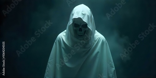 A hooded figure with a skull-like face against a dark background