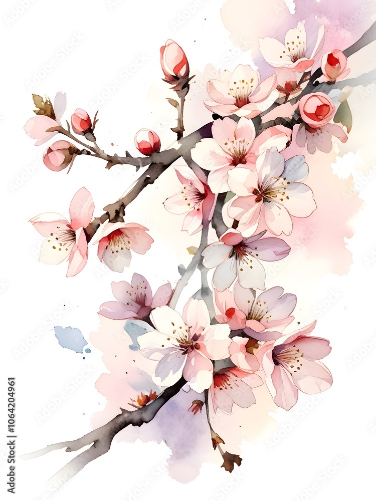 Fototapeta premium Watercolor Cherry Blossom Sakura Flower Tree Plant