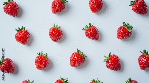 A pattern of fresh red strawberries on a white background.