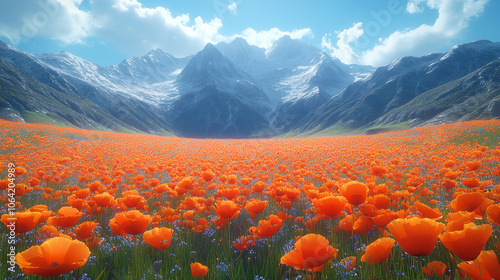 Golden field of poppies and wildflowers swaying gently in the breeze with snow-capped mountains in the distance: The field is alive with vibrant reds and oranges, while the majesti photo