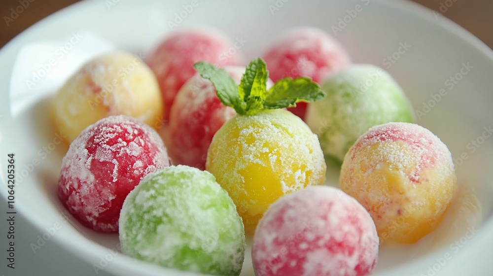 Close up of colorful frozen fruit balls on white plate with mint garnish.