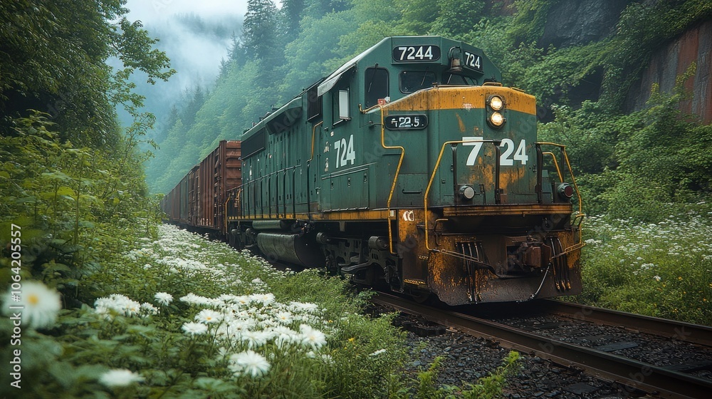 Fototapeta premium A green freight train with the number 7244 on the side is traveling through a dense forest. The train is surrounded by lush green foliage and white flowers.