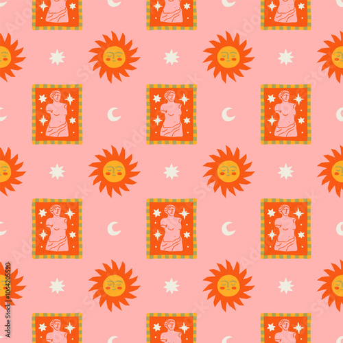 Retro classic statue seamless pattern. Hand drawn style vaporwave background illustration. Vintage ancient greek textile print, woman sculpture texture with star doodle.